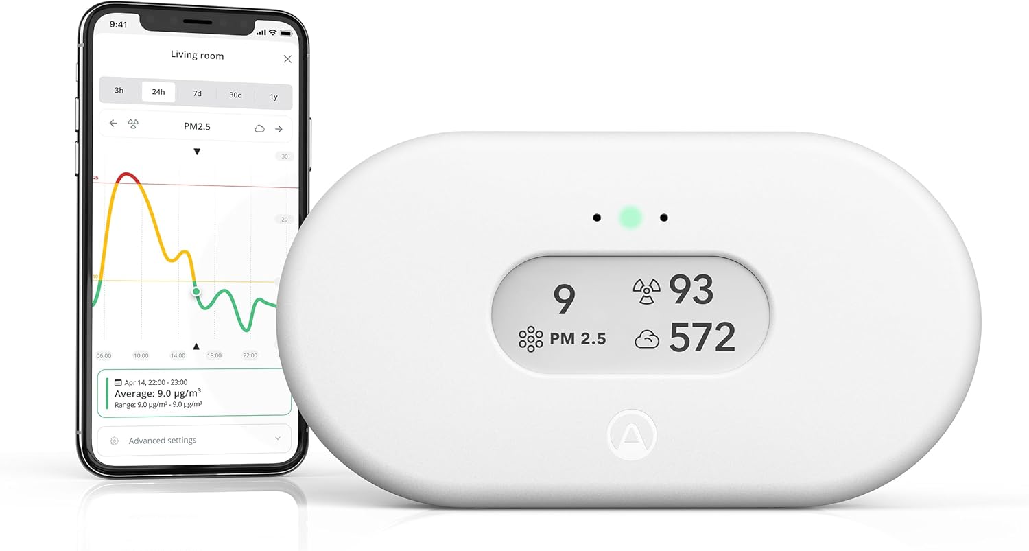 Airthings sensor CO2 temperatura ambiente pantalla TFT